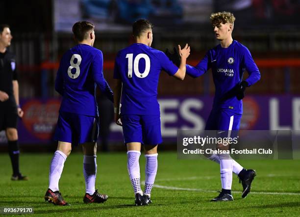 George McEachran of Chelsea celebrates his second goal during the FA Youth Cup match between Chelsea FC and Scunthorpe United on December 15, 2017 in...