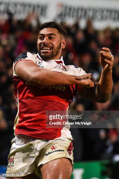 Belfast , United Kingdom - 15 December 2017; Charles Piutau of Ulster celebrates after scoring his sides third try during the European Rugby...