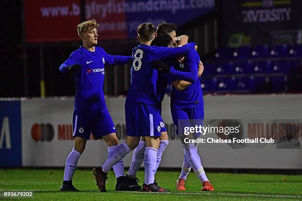 Callum Hudson-Odoi of Chelsea celebrates his second goal during the FA Youth Cup match between Chelsea FC and Scunthorpe United on December 15, 2017...