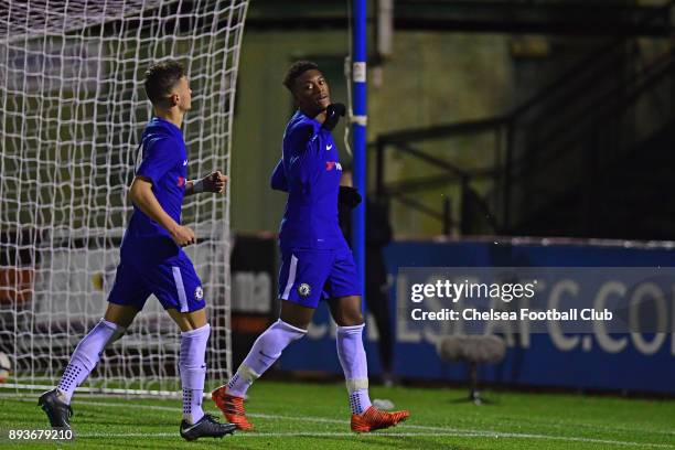 Callum Hudson-Odoi of Chelsea celebrates his second goal during the FA Youth Cup match between Chelsea FC AND Scunthorpe United on December 15, 2017...