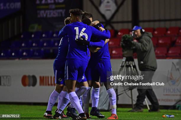 Callum Hudson-Odoi of Chelsea celebrates his second goal during the FA Youth Cup match between Chelsea FC and Scunthorpe United on December 15, 2017...