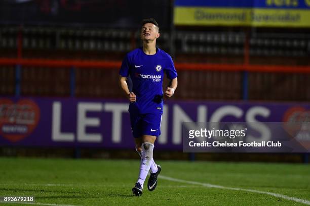 George McEachran of Chelsea celebrates his second goal during the FA Youth Cup match between Chelsea FC and Scunthorpe United on December 15, 2017 in...