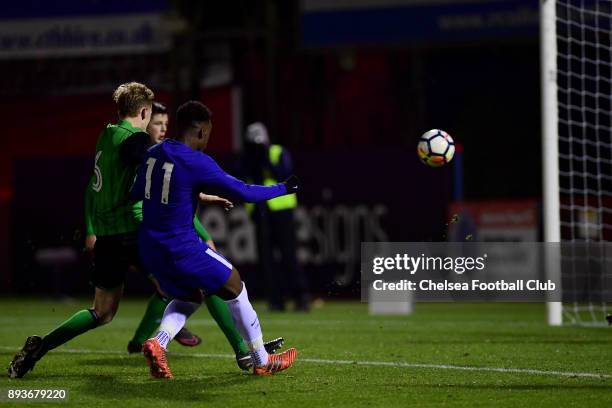 Callum Hudson-Odoi of Chelsea scores his second goal during the FA Youth Cup match between Chelsea FC and Scunthorpe United on December 15, 2017 in...