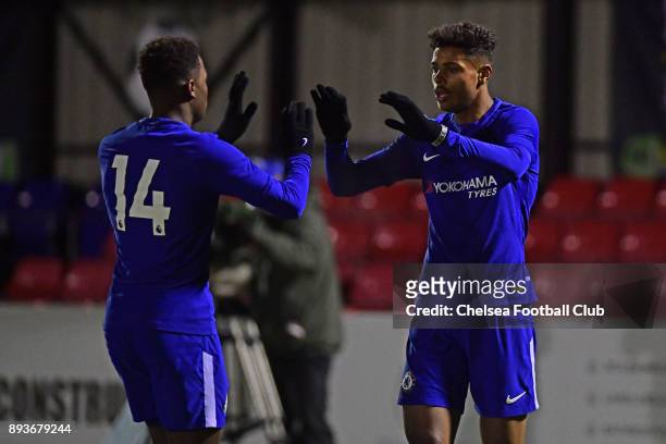 Faustino Aniorin of Chelsea celebrates his goal during the FA Youth Cup match between Chelsea FC and Scunthorpe United on December 15, 2017 in...