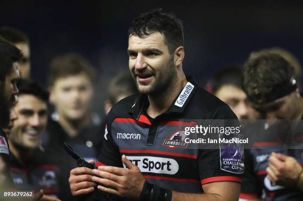 Fraser McKenzie of Edinburgh is seen at the end of his team's 78 point victory during the European Rugby Challenge Cup match between Edinburgh and...