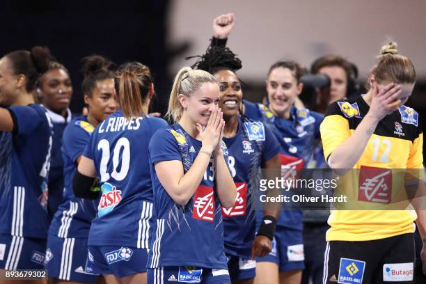 Manon Houette of France celebrate after the IHF Women's Handball World Championship Semi Final match between Sweden and France at Barclaycard Arena...