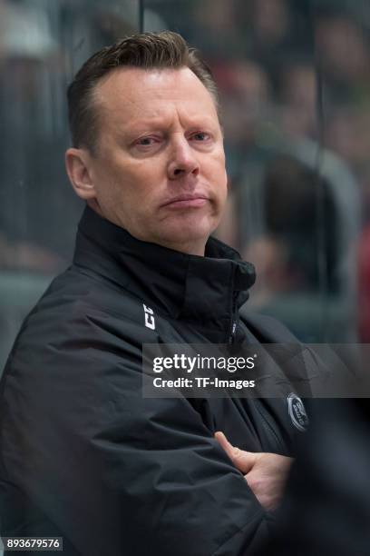 Head coach Mike Pellegrims of Duesseldorfer EG looks on during the DEL match between Augsburger Panther and Duesseldorfer EG on December 15, 2017 in...