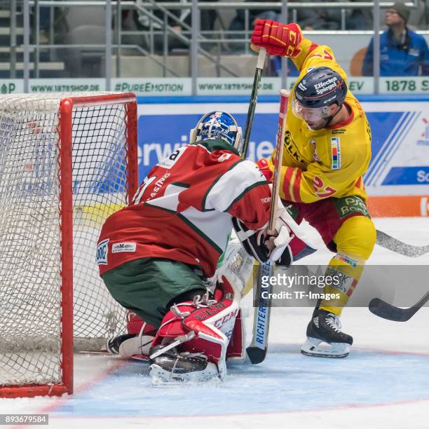 Olivier Roy of Augsburger Panther and Jeremy Welsh of Duesseldorfer EG battle for the ball during the DEL match between Augsburger Panther and...