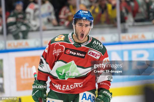 Mark Cundari of Augsburger Panther celebrates his team`s goal during the DEL match between Augsburger Panther and Duesseldorfer EG on December 15,...