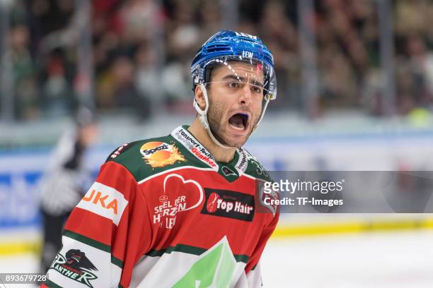 Mark Cundari of Augsburger Panther celebrates his team`s goal during the DEL match between Augsburger Panther and Duesseldorfer EG on December 15,...