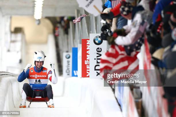 Tucker West of the United States completes his second run in the Men's competition of the Viessmann FIL Luge World Cup at Lake Placid Olympic Center...