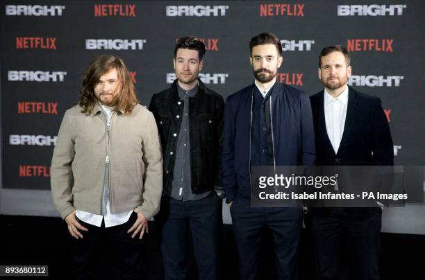 Bastille musicians Chris Wood, Dan Smith, Kyle Simmons and Will Farquarson arrive for the European premiere of Bright, at the BFI Southbank in London.
