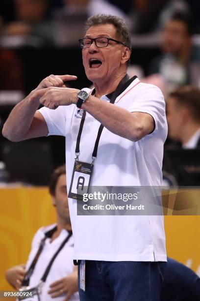 Head coach Oliver Krumbholz of France gesticulated during the IHF Women's Handball World Championship Semi Final match between Sweden and France at...