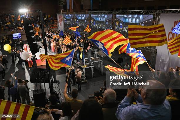 Junts Per Catalunya party activists attend a rally for the forthcoming Catalan election on December 15, 2017 in Barcelona Spain Catalonia heads into...