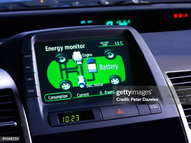 energy monitor for electric car, hybrid car. - hybrid car stockfoto's en -beelden