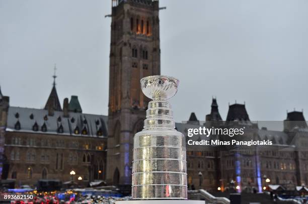 The Stanley Cup on display in the Centennial Fan Arena on Parliament Hill in advance of the 2017 Scotiabank NHL100 Classic on December 15, 2017 in...