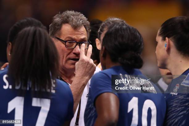 Head coach Oliver Krumbholz of France gesticulated during the IHF Women's Handball World Championship Semi Final match between Sweden and France at...