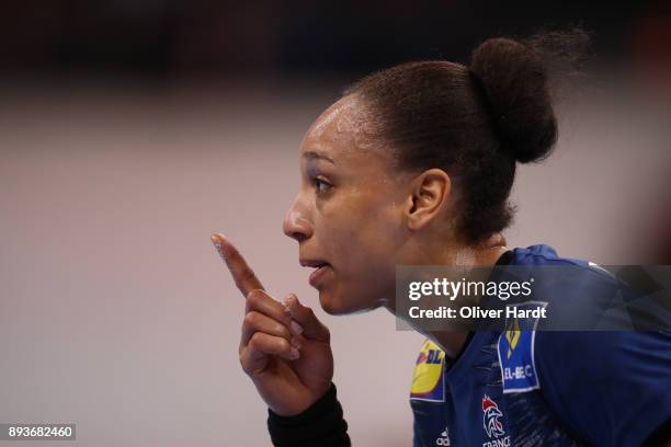 Beatrice Edwige of France gesticulated during the IHF Women's Handball World Championship Semi Final match between Sweden and France at Barclaycard...