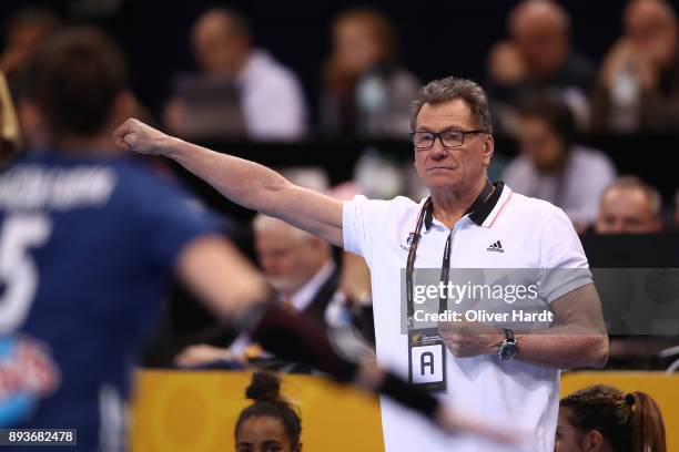 Head coach Oliver Krumbholz of France gesticulated during the IHF Women's Handball World Championship Semi Final match between Sweden and France at...