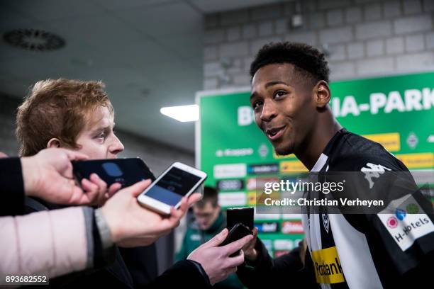 Reece Oxford of Borussia Moenchengladbach gives an interview after the Bundesliga match between Borussia Moenchengladbach and Hamburger SV at...