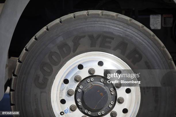 Goodyear Tire & Rubber Co. Tire is seen on the support mast truck for the Goodyear Wingfoot Two blimp at the company's airship base in Carson,...