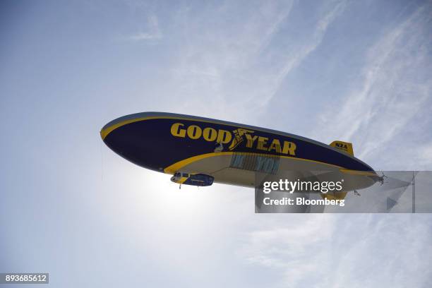 The Goodyear Tire & Rubber Co. Wingfoot Two blimp arrives at the company's airship base in Carson, California, U.S., on Friday, Dec. 15, 2017....