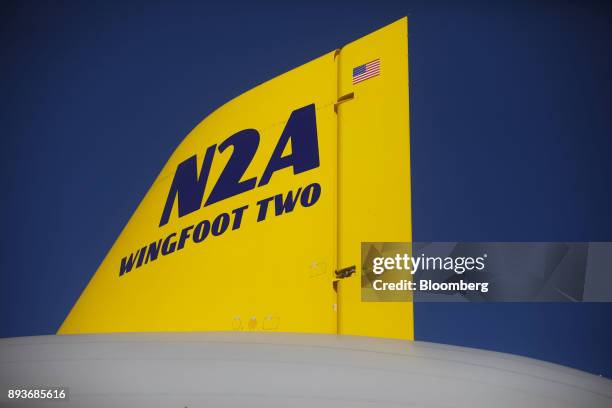 An American flag is displayed on the wing of the Goodyear Tire & Rubber Co. Wingfoot Two blimp at the company's airship base in Carson, California,...