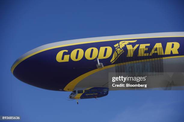 Signage is displayed on the Goodyear Tire & Rubber Co. Wingfoot Two blimp as it arrives at the company's airship base in Carson, California, U.S., on...