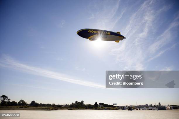 The Goodyear Tire & Rubber Co. Wingfoot Two blimp arrives at the company's airship base in Carson, California, U.S., on Friday, Dec. 15, 2017....