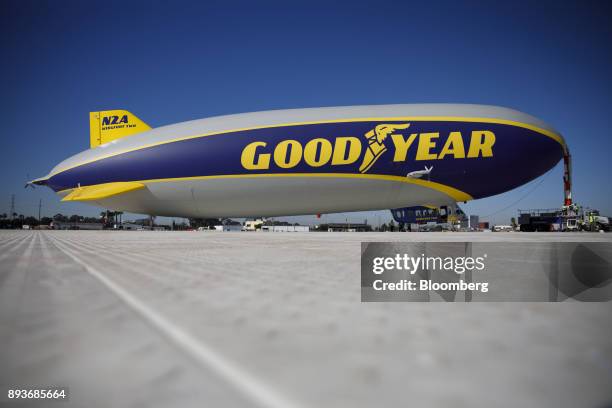 Signage is displayed on the Goodyear Tire & Rubber Co. Wingfoot Two blimp at the company's airship base in Carson, California, U.S., on Friday, Dec....