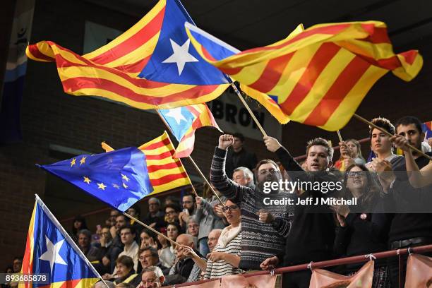 Junts Per Catalunya party activists attend a rally for the forthcoming Catalan election on December 15, 2017 in Barcelona Spain Catalonia heads into...