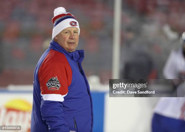 Claude Julien head coach of the Montreal Canadiens looks on during practice at the NHL 100 Classic at Lansdowne Park on December 15, 2017 in Ottawa,...