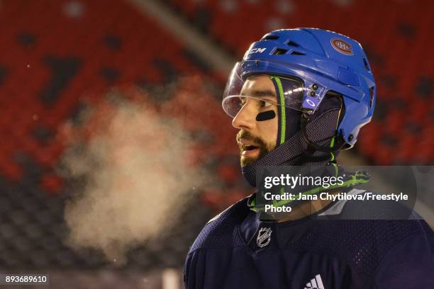 David Schlemko of the Montreal Canadiens look on during practice at Lansdowne Park on December 15, 2017 in Ottawa, Canada.