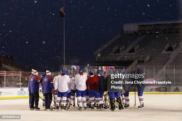 Members of the Montreal Canadiens gather for a meeting during practice at Lansdowne Park on December 15, 2017 in Ottawa, Canada.
