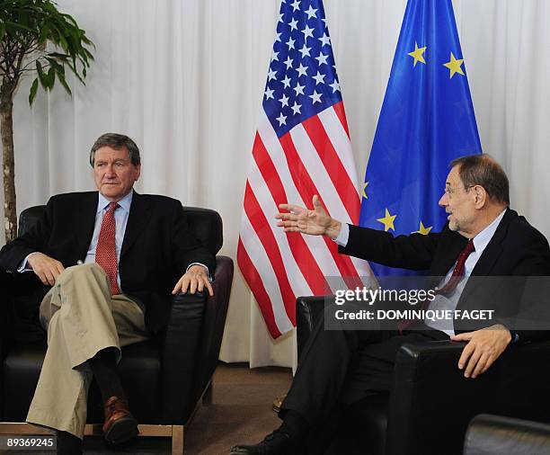 European Union Foreign Policy Chief Javier Solana talks with US Special representative for Afghanistan and Pakistan Richard Holbrooke on July 28,...