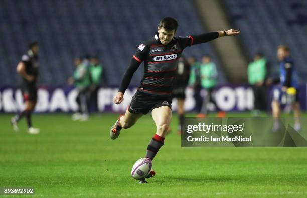 Blair Kinghorn of Edinburgh kicks a conversion during the European Rugby Challenge Cup match between Edinburgh and Krasny Yar at Murrayfield Stadium...