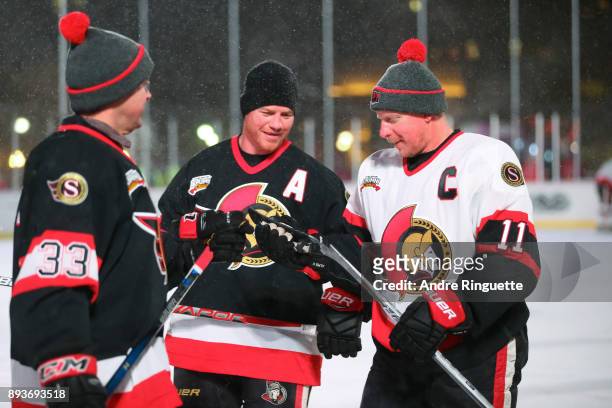 Ottawa Senators alumni Jason York, Chris Neil and Daniel Alfredsson warm up before the 2017 Scotiabank NHL100 Classic Ottawa Senators Alumni Game on...