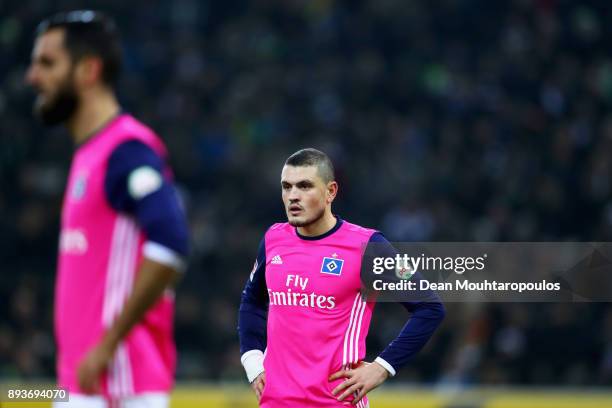 Kyriakos Papadopoulos of Hamburg looks on during the Bundesliga match between Borussia Moenchengladbach and Hamburger SV at Borussia-Park on December...