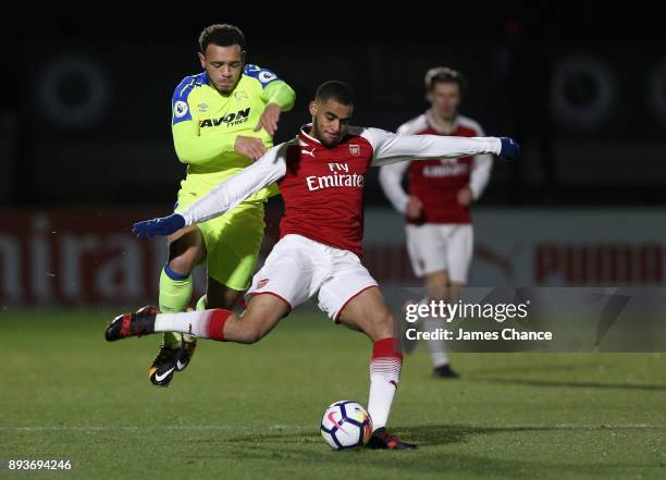 Yassin Fortune of Arsenal shoots as Mason Bennett of Derby puts his under pressure during the Premier League 2 match between Arsenal and Derby County...