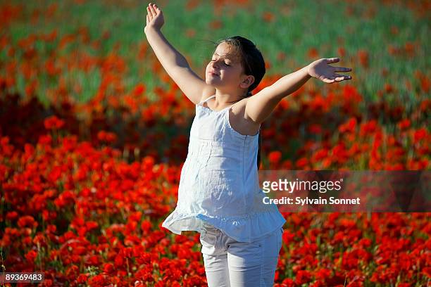 young girl with outstretched arms in poppy field - stehmohn stock-fotos und bilder