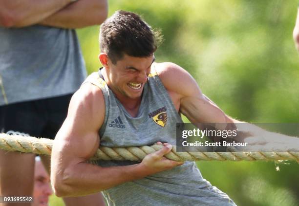 Jaeger O'Meara of the Hawks pulls during a tug of war competition against teammates during a Hawthorn Hawks AFL training session at Waverley Park on...
