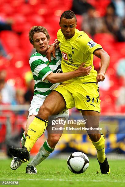 John Bostock of Spurs holds off the challenge from Simon Ferry of Celtic during the Wembley Cup match between Celtic and Tottenham Hotspur at Wembley...
