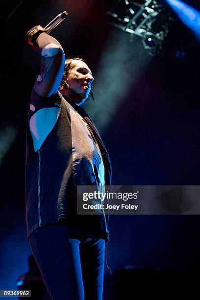 Marilyn Manson performs in concert at the Rockstar Energy Drink Mayhem Festival at Verizon Wireless Music Center on July 25, 2009 in Noblesville,...