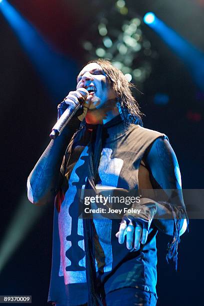 Marilyn Manson performs in concert at the Rockstar Energy Drink Mayhem Festival at Verizon Wireless Music Center on July 25, 2009 in Noblesville,...