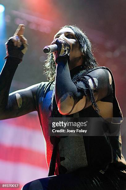 Marilyn Manson performs in concert at the Rockstar Energy Drink Mayhem Festival at Verizon Wireless Music Center on July 25, 2009 in Noblesville,...
