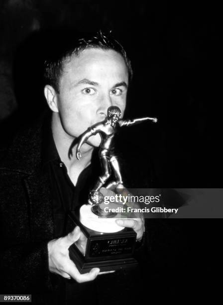 Chelsea FC player Dennis Wise with the "Chelsea Player of the Year" trophy for the 1997-98 season at the end of season awards for the 1997/98 season...