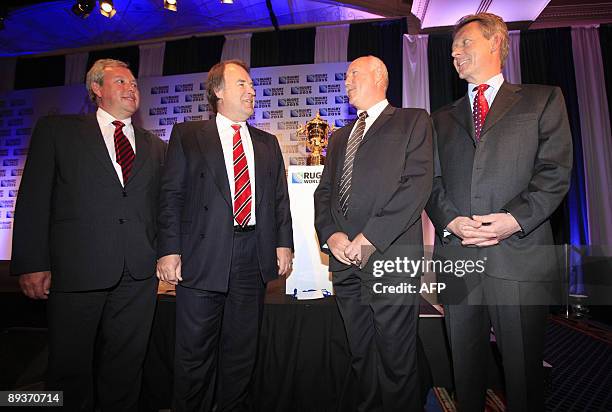 England's rugby-union world cup bid representatives Paul Vaughan, Frances Baron, Terry Burwell and Nick Eastwood are pictured ahead of the 24-man...