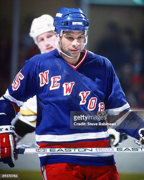 Tony Mckegney of the New York Rangers waits for a face off against the Boston Bruins at Boston Garden.