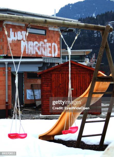 Just married written on the wall of a new built house on March 15, 2009 close to Warth am Arlberg, Austria.