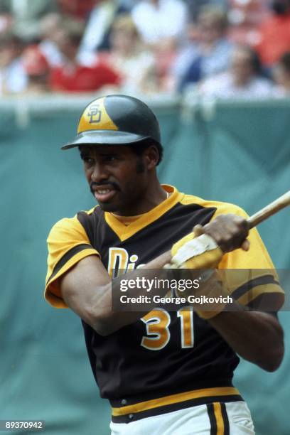 Outfielder Dave Winfield of the San Diego Padres takes a practice swing before batting against the Pittsburgh Pirates during a Major League Baseball...